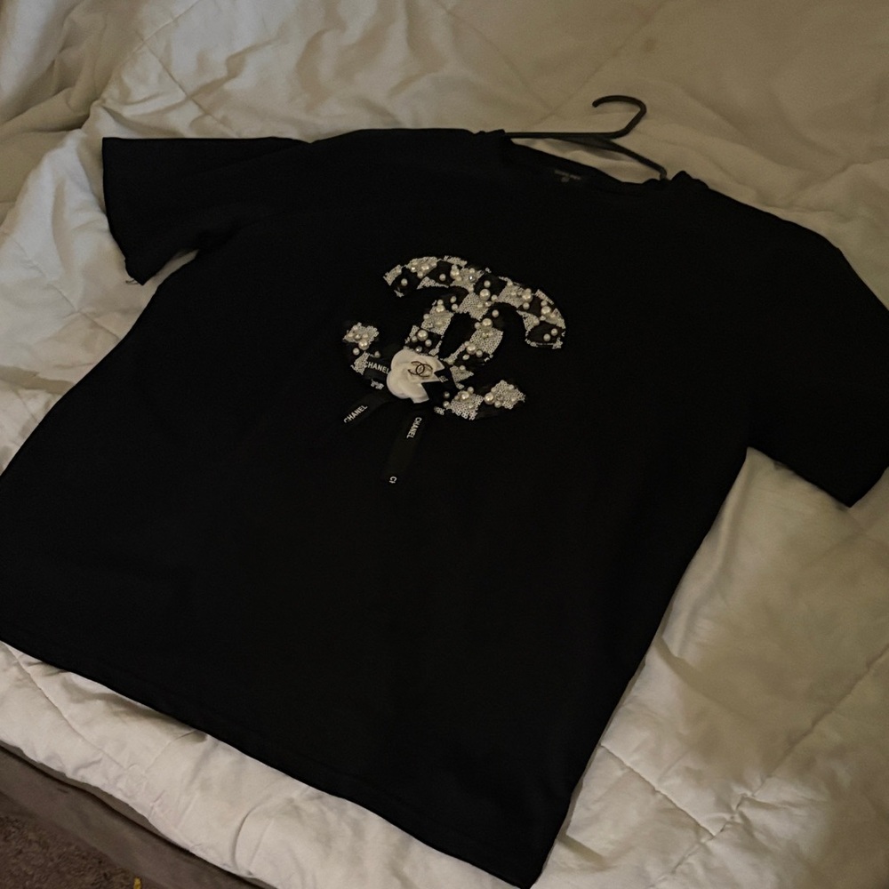 CHANEL Black Tee with Floral Logo